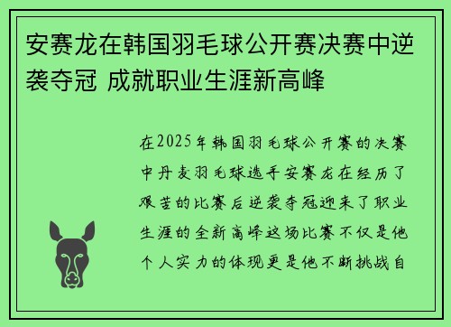 安赛龙在韩国羽毛球公开赛决赛中逆袭夺冠 成就职业生涯新高峰